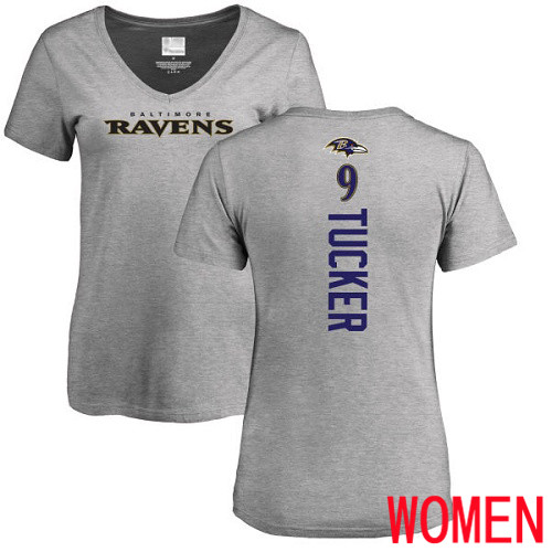 Baltimore Ravens Ash Women Justin Tucker Backer V-Neck NFL Football #9 T Shirt